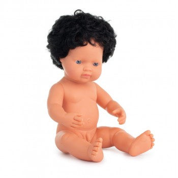 Miniland Dolls - 38cm Caucasian Boy Black Curly Hair