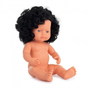 Miniland Dolls - 38cm Caucasian Girl Black Curly Hair