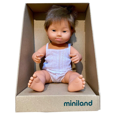 Miniland Dolls - 38cm Caucasian Boy Brunette with Down Syndrome Boxed